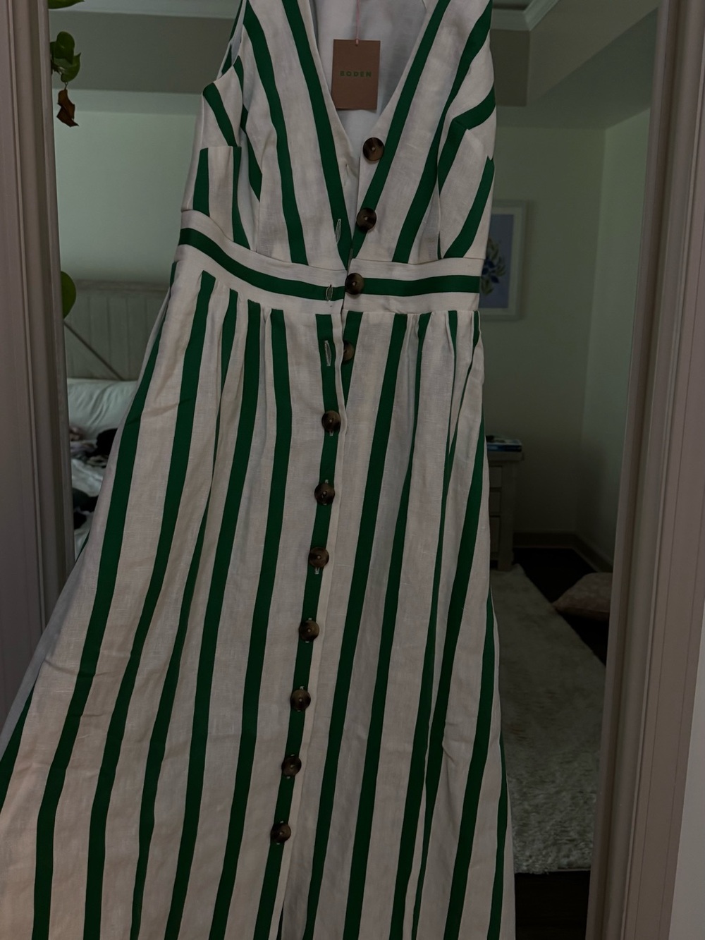 Boden Green & White Striped Button-Front Midi Dress - Picture 5 of 6